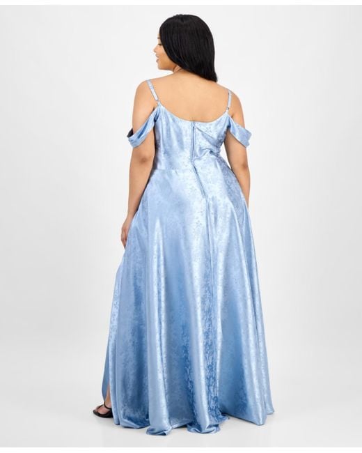 B Darlin Blue Trendy Plus Size Off-the-shoulder Satin Jacquard Gown