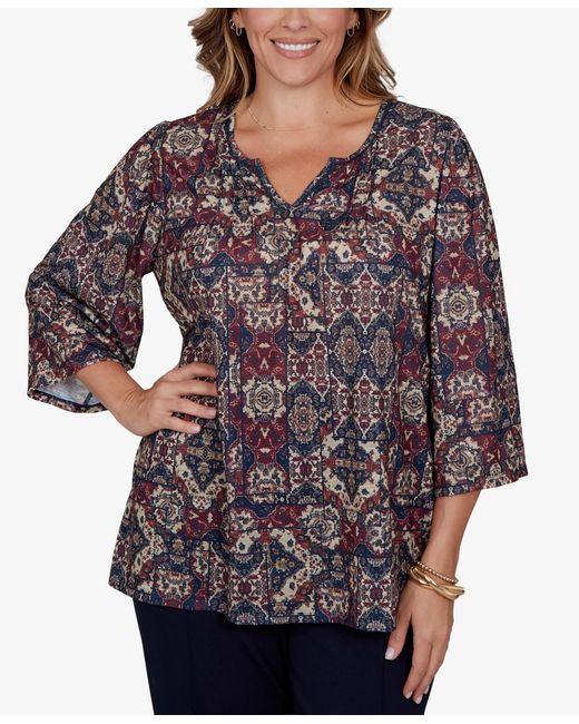Ruby Rd Blue Plus Size Patchwork Henley 3/4-sleeve Blouse