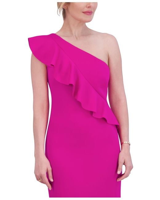 Jessica Howard Pink Ruffled One-shoulder Sheath Gown