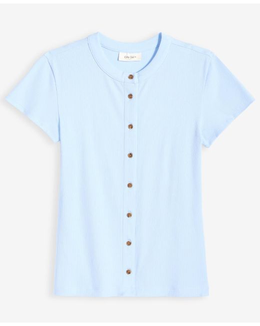 On 34th Blue Rib-knit Short-sleeve Button Front Top