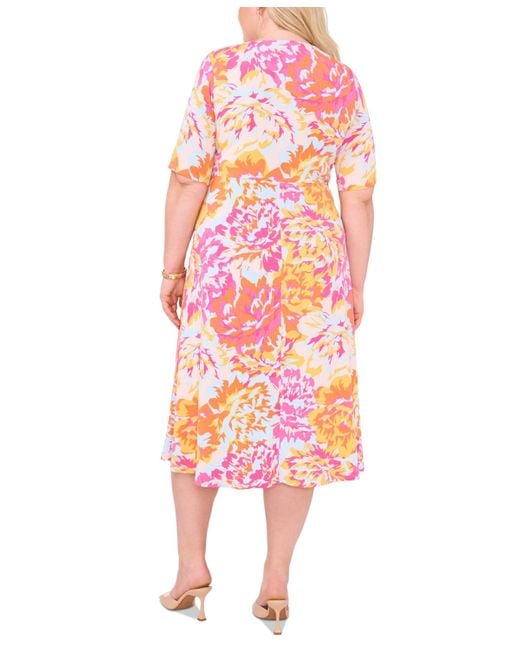 Msk Pink Plus Size Floral-print Twist-front Midi Dress