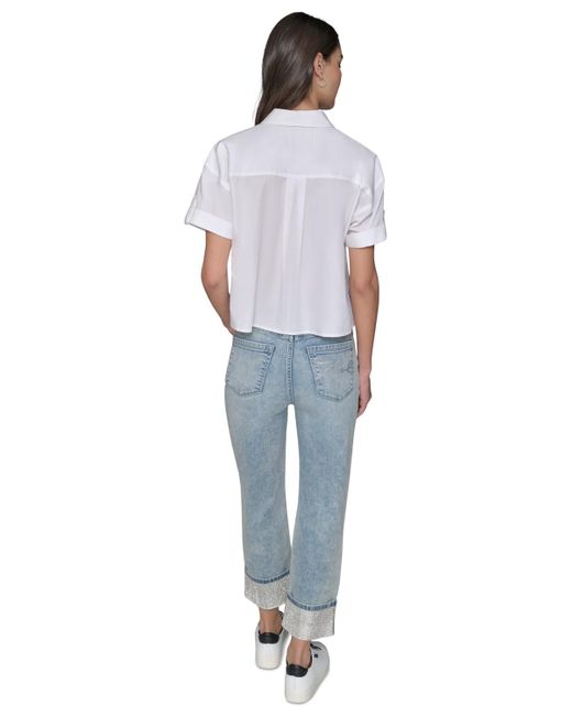 Karl Lagerfeld White Cotton Crop Paris Scene Button-front Top