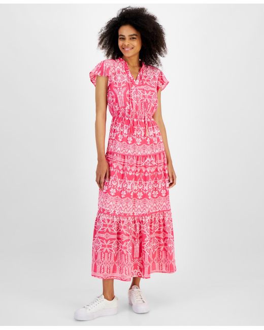 Tinsel Pink Petite Mixed-print Flutter-sleeve Tiered Maxi Dress