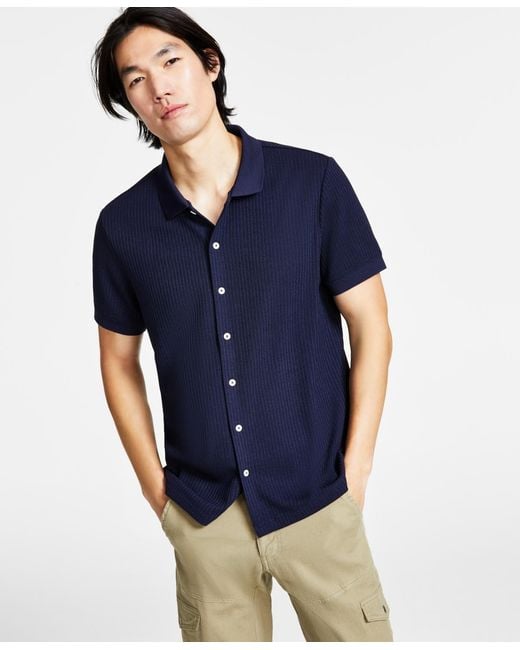 Guess Blue Pointelle Short Sleeve Knit Shirt for men