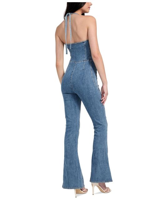 Guess Blue Blair Denim Halter Flared-leg Jumpsuit