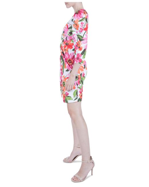 Julia Jordan Red Floral-print 3/4-sleeve Twist-front Sheath Dress