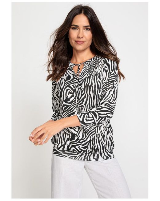 Olsen White Cotton Blend 3/4 Sleeve Zebra Print Tie-neck T-shirt Containing [tm] Modal