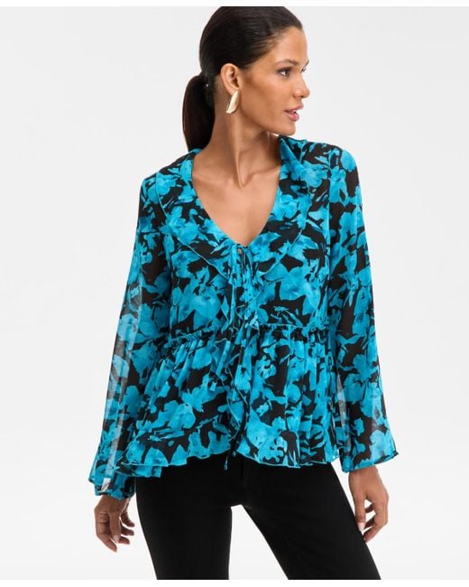 INC International Concepts Women's Blue Printed Ruffle-collar Top