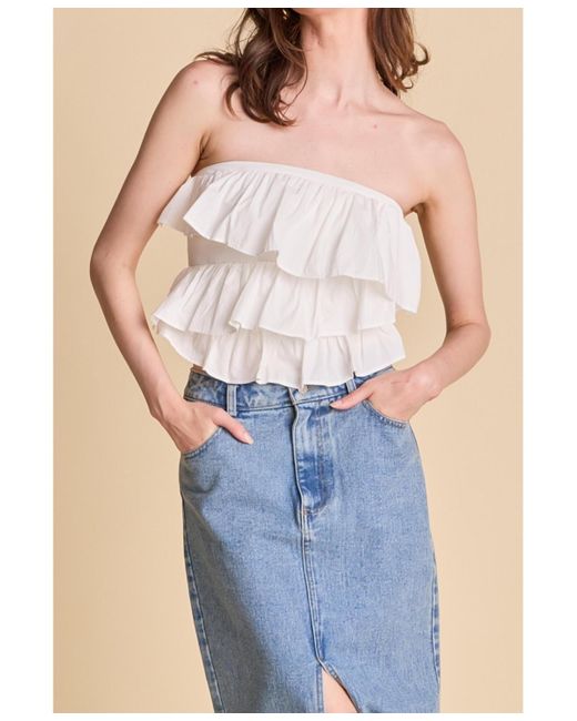 Endless Rose Blue Mixed Media Ruffled Strapless Top