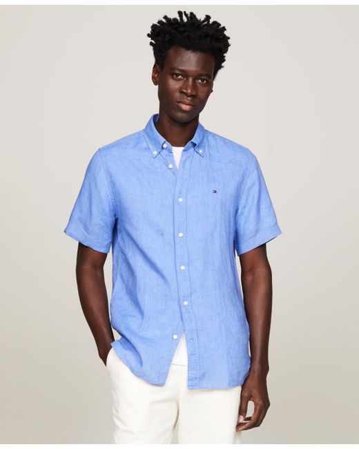 Tommy Hilfiger Blue Regular-fit Linen Short-sleeve Shirt for men
