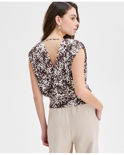 INC International Concepts Multicolor Printed Ruched-shoulder Top