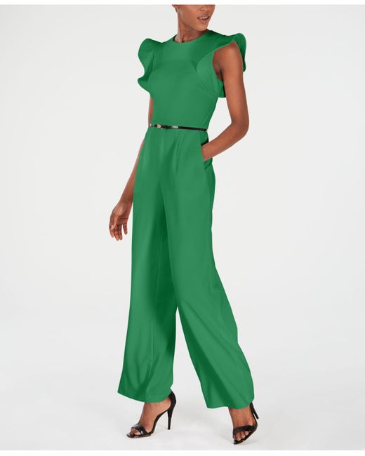 Calvin Klein Green Belted Ruffle-sleeve Jumpsuit, Regular & Petite Sizes