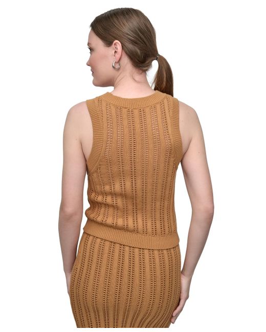 DKNY Brown Crewneck Pointelle-stitch Tank Sleeveless Sweater