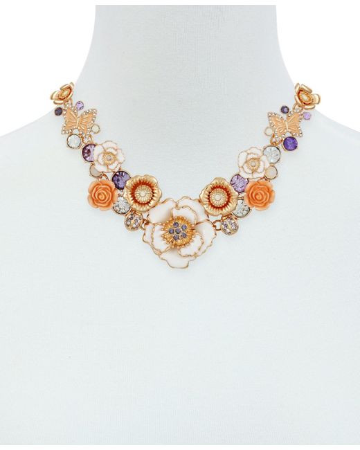 Guess Metallic Tone Mixed Color Stone Flower Statement Necklace