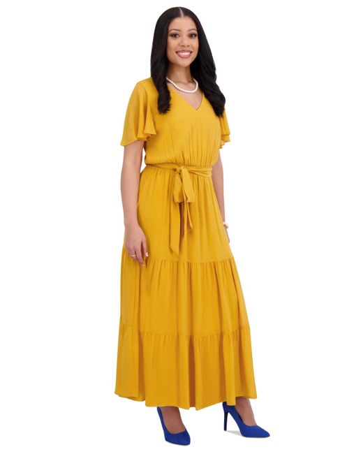 Kasper Yellow V-neck Flutter-sleeve Maxi Dress