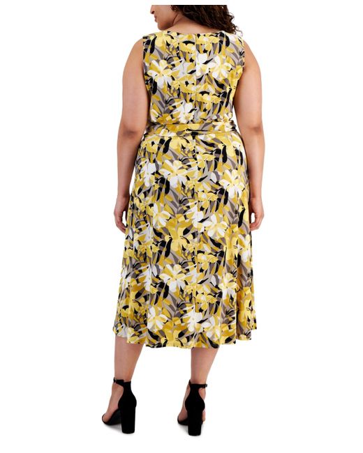 Kasper Yellow Plus Size Floral-print Fit & Flare Dress
