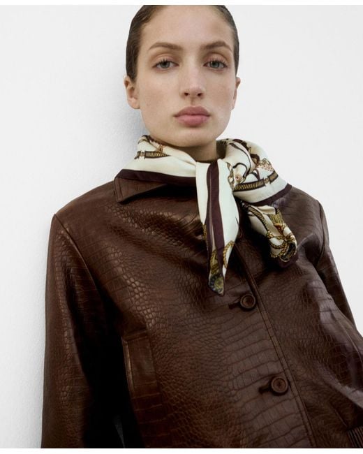 Mango Brown Croc-effect Bomber Jacket