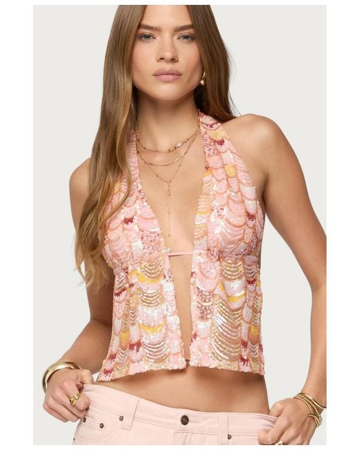 Edikted Pink Mermaid Backless Sequin Split Front Top