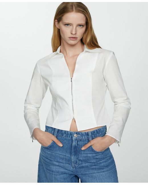 Mango White Fitted Cotton Zipper Shirt