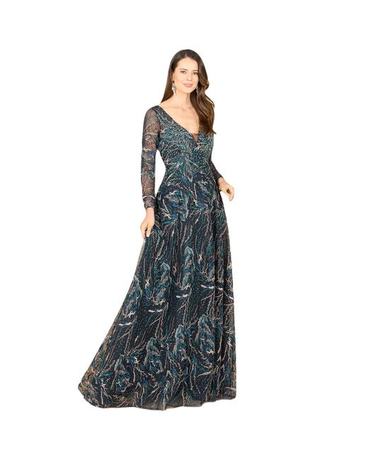 Lara Blue Lace Gown With Long Sleeves