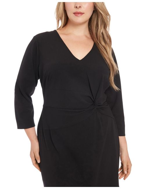 London Times Black Plus Size Side-knot 3/4-sleeve Dress