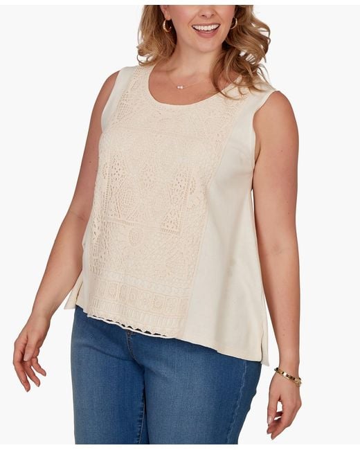 Ruby Rd Natural Plus Size Crochet Front Sweater Tank