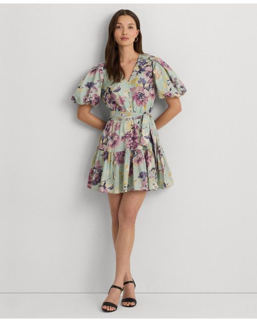 Lauren by Ralph Lauren Multicolor Floral Cotton Voile Puff-sleeve Dress