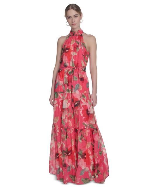 Eliza J Red Printed Sleeveless Tie-waist Chiffon Gown