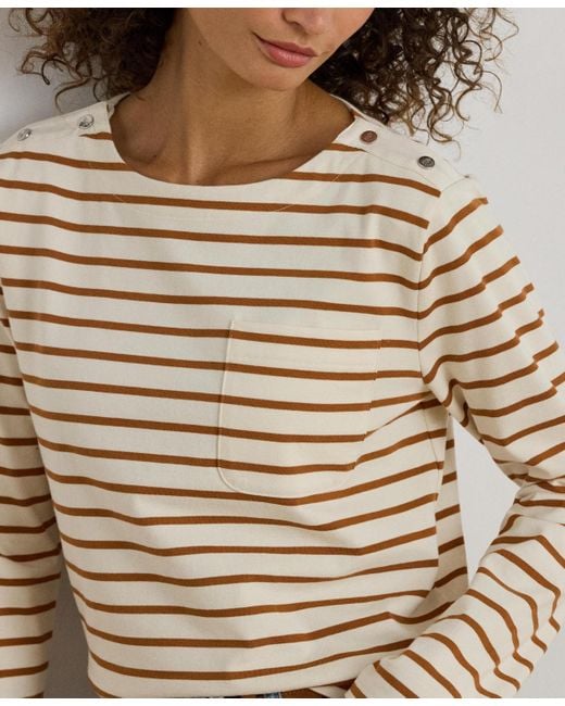 Ralph Lauren Natural Striped Jersey Snap Trim Boatneck Top P Xs Xxl