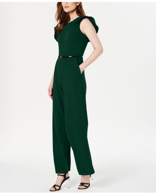 Calvin Klein Synthetic Belted Rufflesleeve Jumpsuit, Regular & Petite Sizes in Malachite (Green