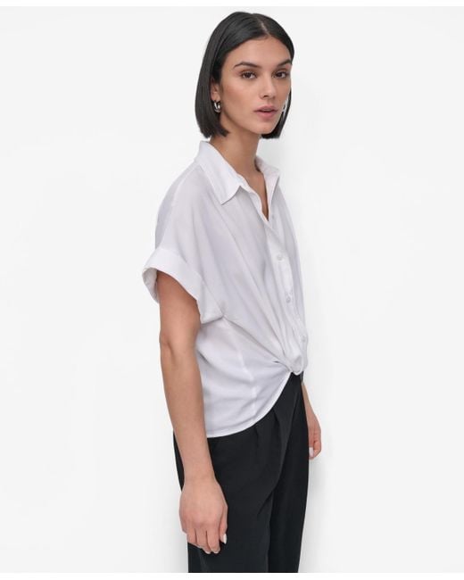 DKNY White Twist-hem Textured Camp Shirt