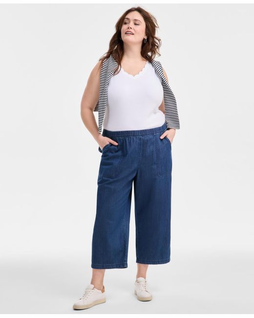 Style & Co. Blue Plus Size Chambray Pull-on Cropped Pants