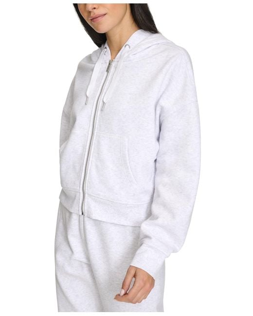 Calvin Klein White Fleece Crop Zip-front Long-sleeve Hoodie