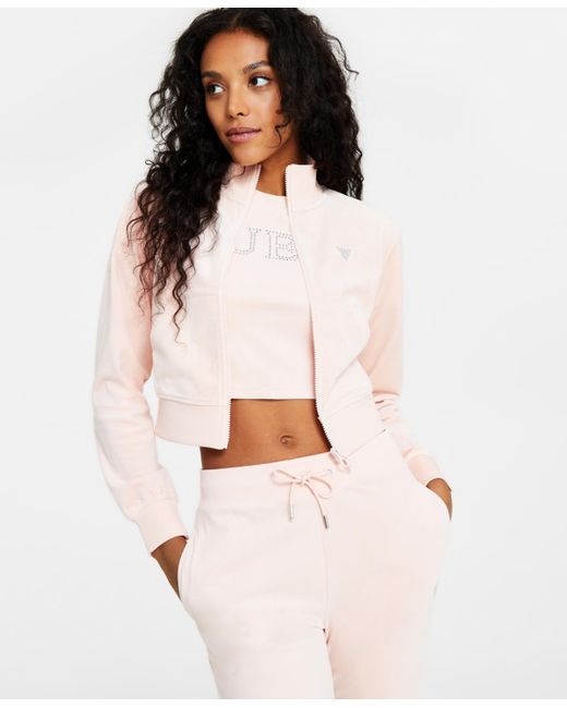 Guess White Couture Embellished Full-zip Cropped Sweatshirt
