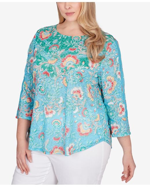 Ruby Rd Blue Plus Size Triopical Chevron Lace Sleeve Top