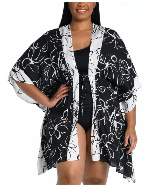 La Blanca Plus Size Printed Colorblocked Kimono Swim Coverup in Black