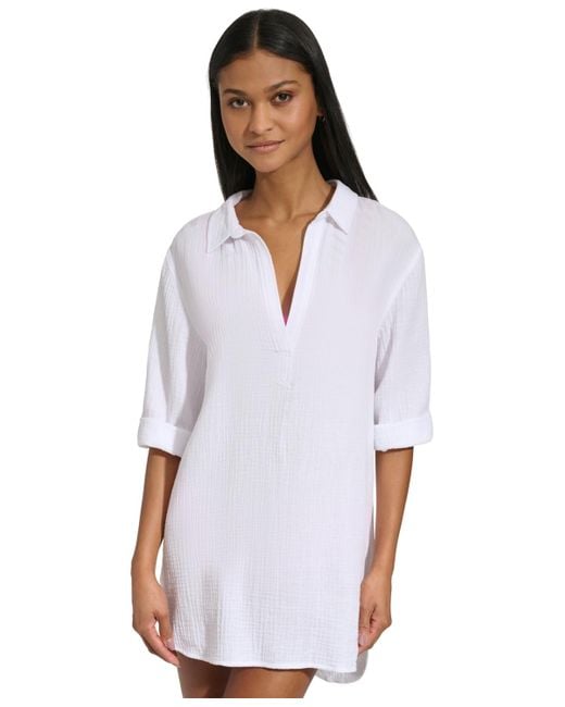 DKNY Gauze Beach Tunic Cotton Coverup Dress in White Lyst