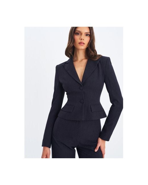 Miss Circle Blue Quinne Navy Striped Single-breasted Peplum Blazer