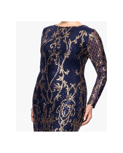 betsy and adam blue sequin dress Betsy & Adam Dark Navy Blue Sequin Floral Waist Long Sleeve Gown Size 0 $289