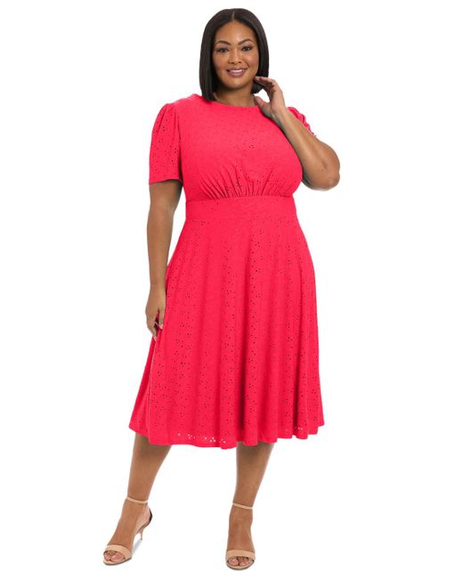 London Times Plus Size Eyelet Jersey Short-sleeve Midi Dress in Red | Lyst