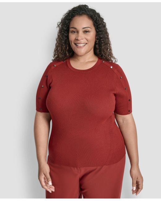 DKNY Red Plus Size Short-sleeve Button-detail Sweater