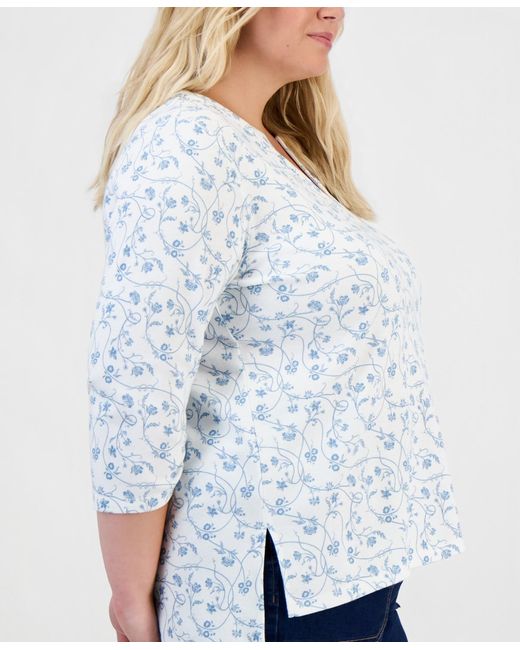 Style & Co. White Plus Size Vine Floral Split-neck 3/4-sleeve Tunic