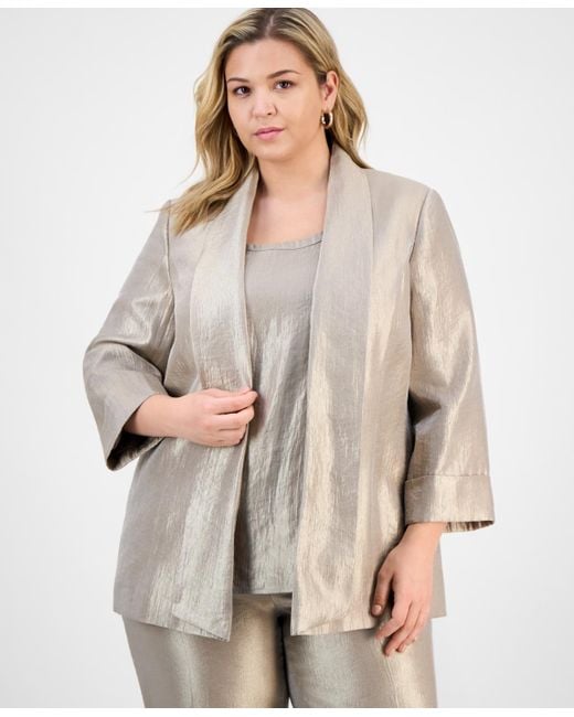 Kasper Natural Plus Size Drape-neck Open-front Cuffed-sleeve Blazer