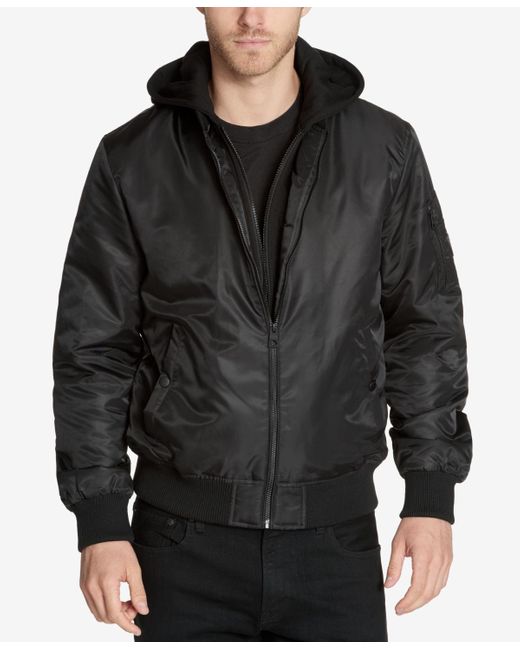 Guess Black Men's Bomber Jacket With Removable Hooded Inset for men