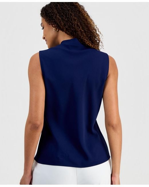Kasper Blue Solid Sleeveless Tie-neck Blouse