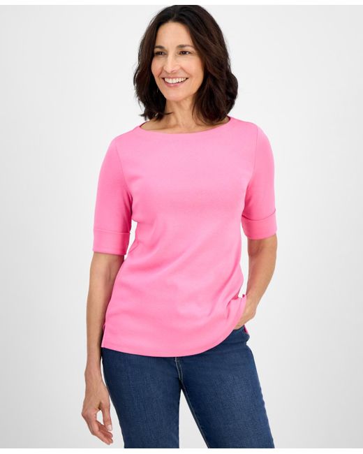 Style & Co. Pink Boat-neck Elbow Sleeve Top