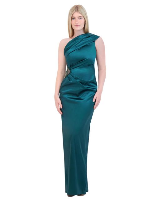 Eliza J Embellished One shoulder Satin Gown in Blue Lyst