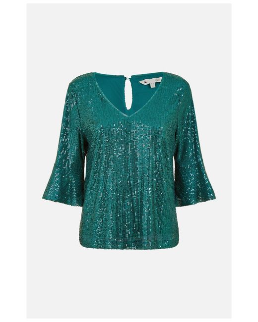 Yumi' Green Fluted Sleeve Sequin Top