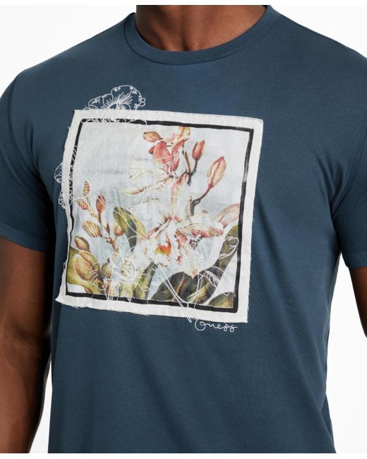 Guess Blue Short Sleeve Crewneck Flower Box Graphic T-shirt for men