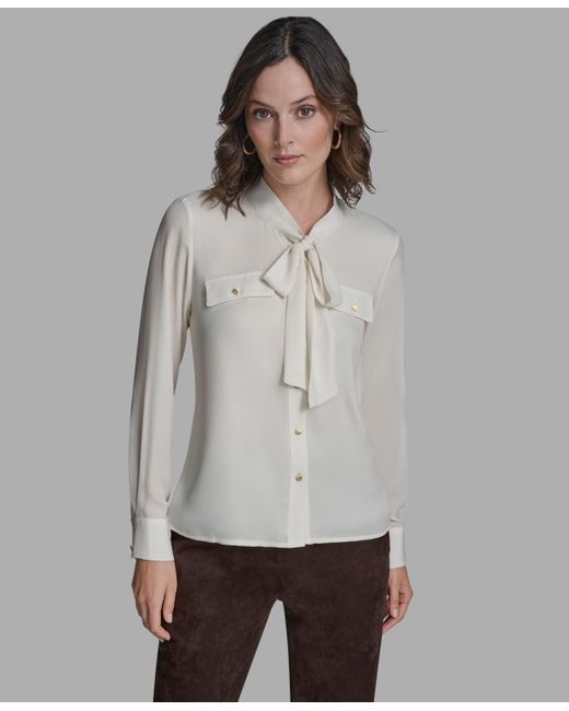 BCBGMAXAZRIA Gray Button Down Tie Neck Blouse